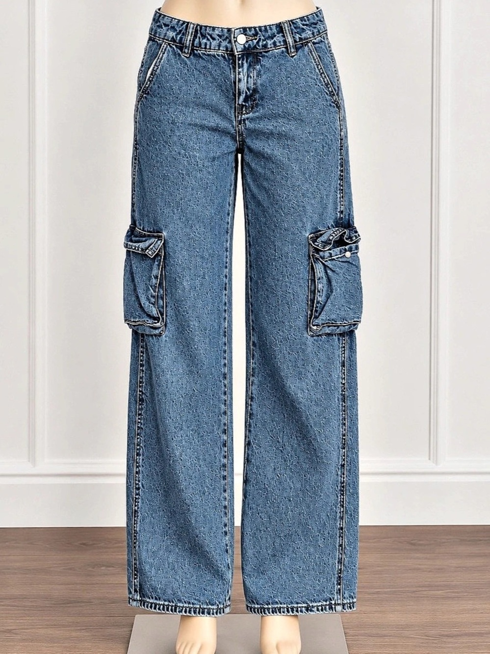 PacSun Low Rise Baggy Cargo Jeans Size 25 Blue Denim Y2K Wide Leg
